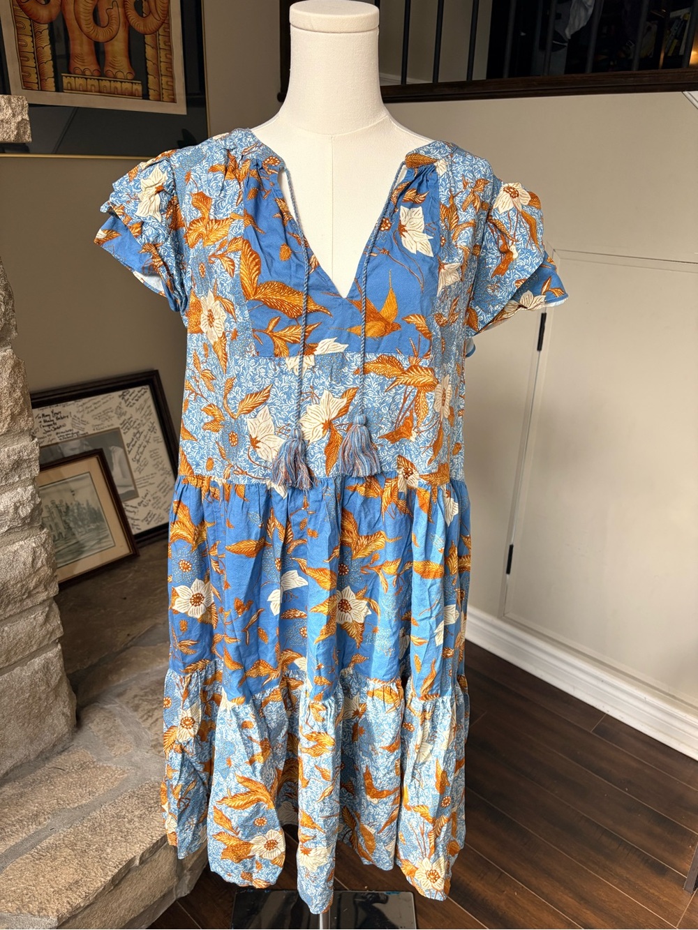 Ulla Johnson Blue Floral Tiered Midi Dress Ruffle Sleeve Size 16